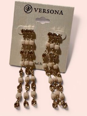Versona Gold-tone Long Dangle Earrings with Cream Beads and Rhinestones
